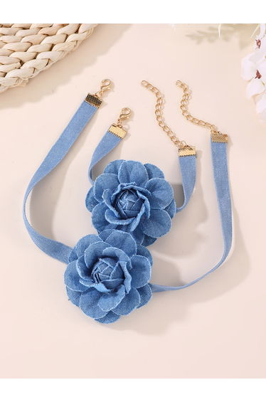 Blue Floral Choker Necklace and Bracelet Set
