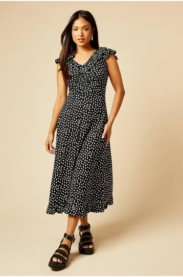 Petite Mono Frill Neck Ruched Front Jersey Midi Dress