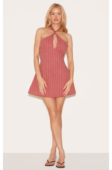 Rust Striped Halterneck Shift Dress