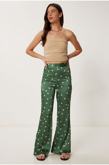 Women's Khaki Beige Polka Dot Satin Surface Trousers