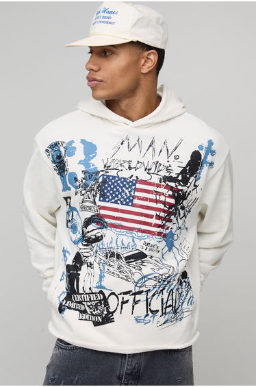 Oversized Hemless Loopback Graphic Hoodie - ecru