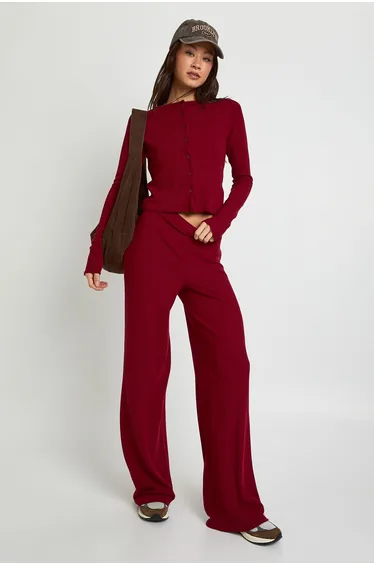Tall Crinkle Cardigan & Wide Leg Trouser Set - burgundy
