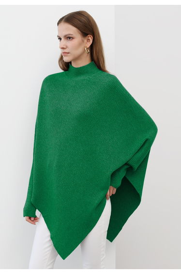 Asymmetric Batwing Sleeve Ribbed Knit Poncho in Green