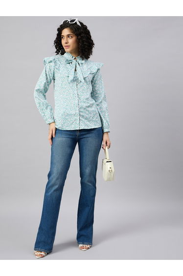 Floral Ruffle Tie-Up Neck Blouse