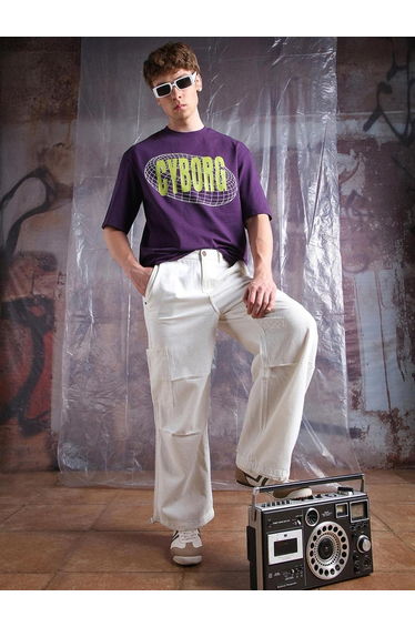 Men White Light Wash Cargo Jeans