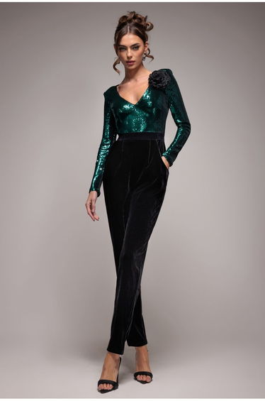 Goddiva Liquid Sequin Jumpsuit With Corsage - Emerald