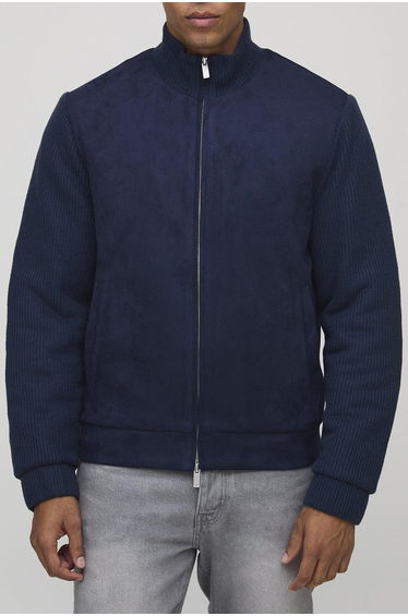 Regular Fit Textured Sleeve Faux Suede Funnel Neck Jacket - navy