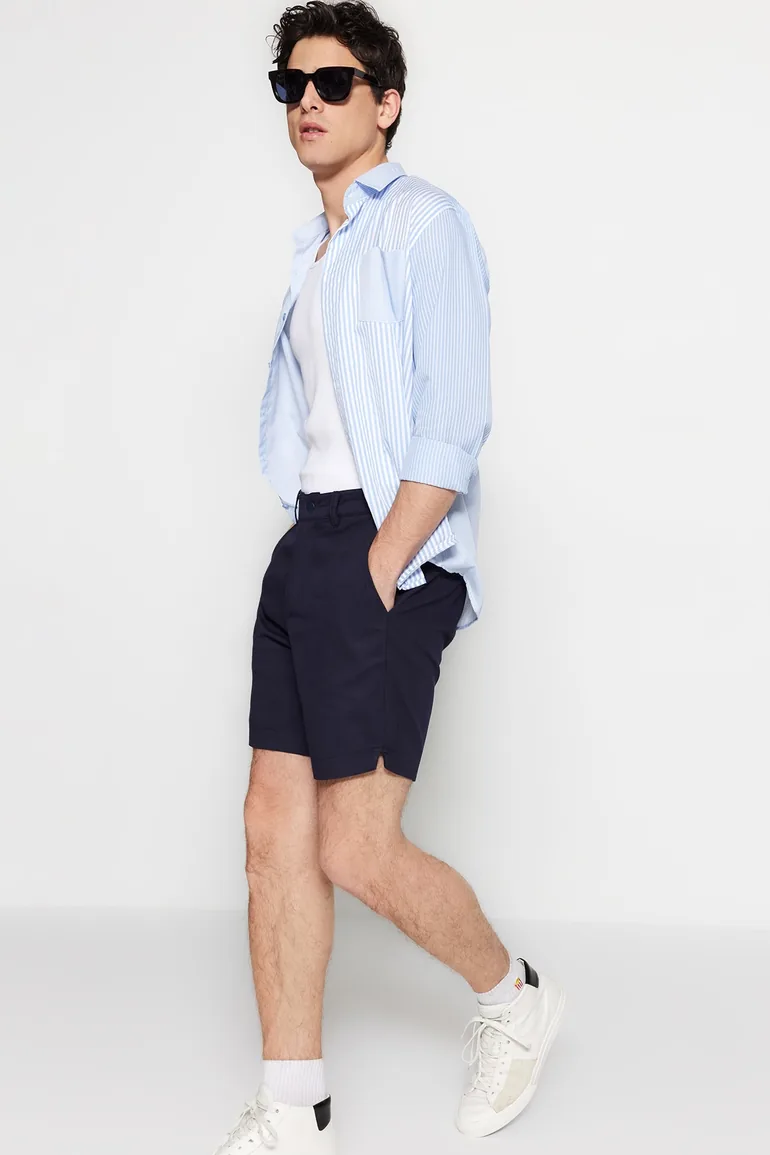Navy Blue Men's Regular Fit Gabardine Shorts - 3