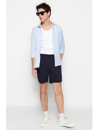Navy Blue Men's Regular Fit Gabardine Shorts - 2