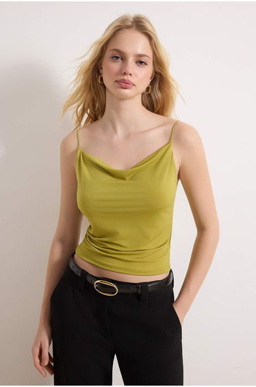 Oil Green Fitted/Bodycon Degaje Collar Stretchy Knitted Blouse