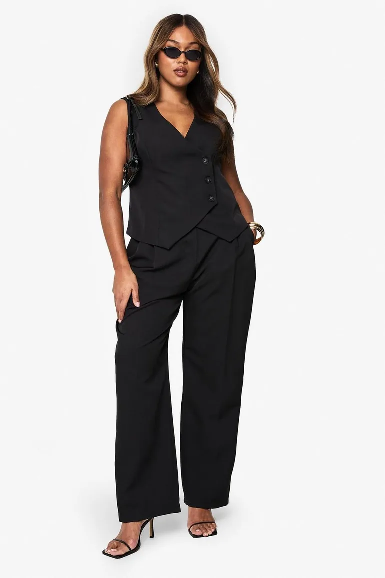 Plus Pleated Woven Wide Leg Tailored Trouser - black - 2