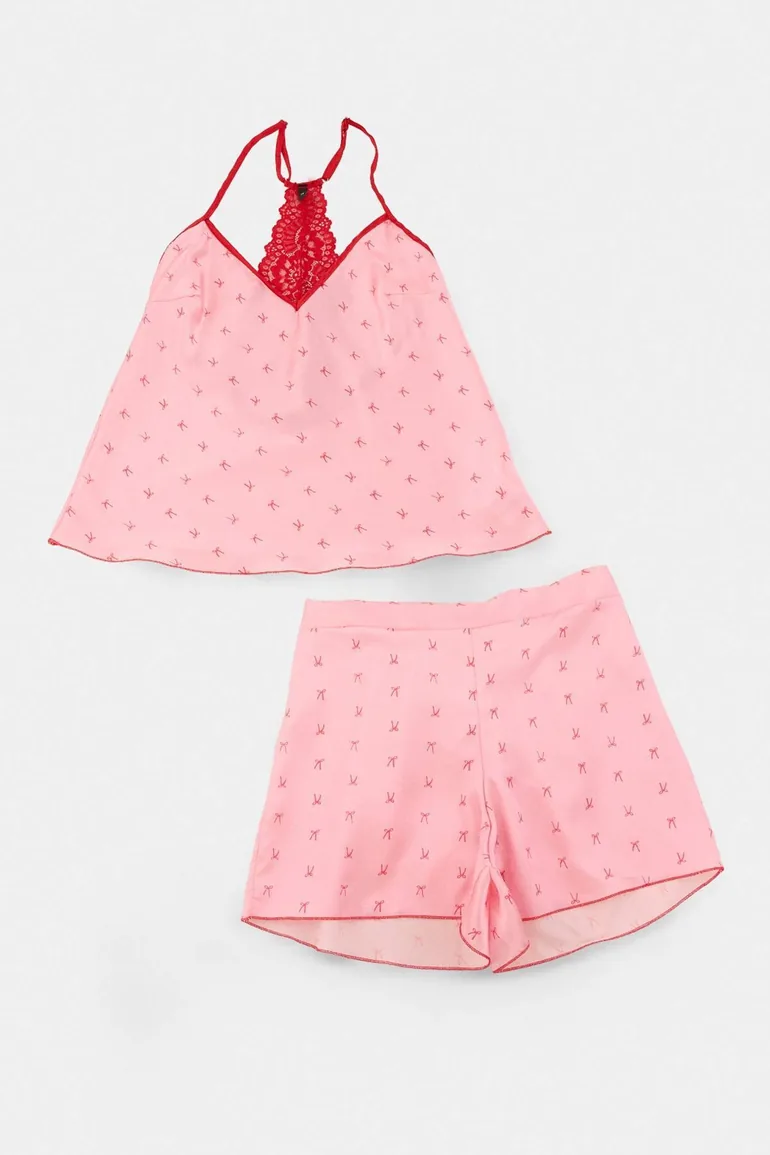 Pink Printed Satin Woven Pajamas Set - 2
