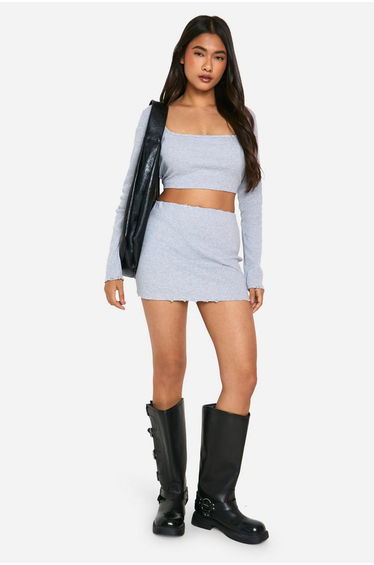 Rib Distressed Look Mini Skirt