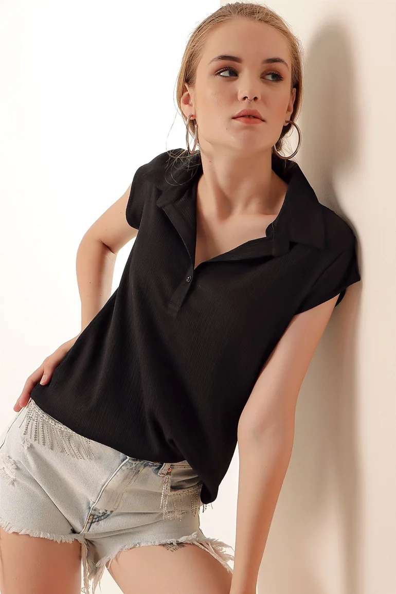 Polo Knitted Blouse - Black - 3