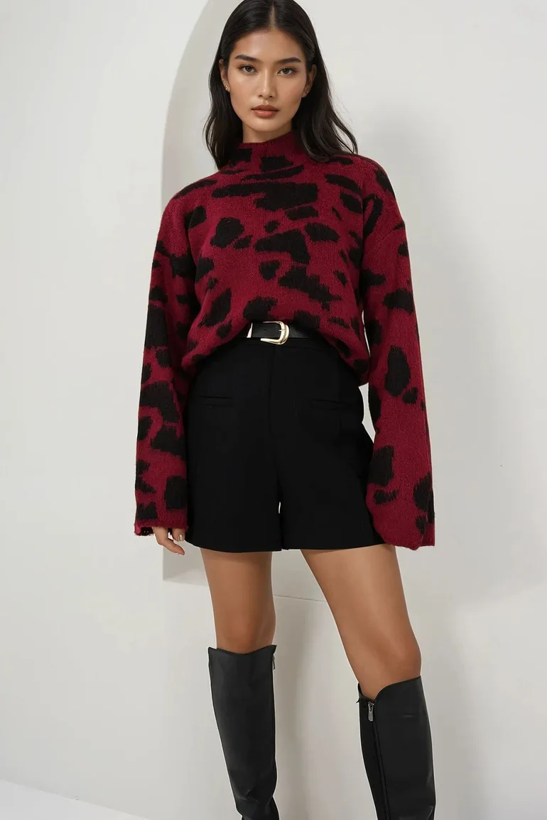 Burgundy Turtleneck Oversize Fuzzy Sweater Alc-X14856