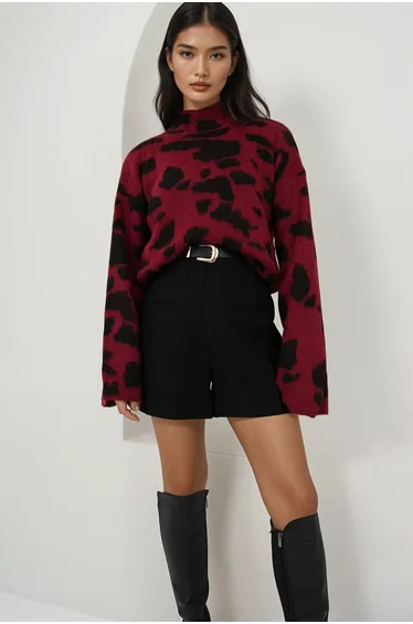 Burgundy Turtleneck Oversize Fuzzy Sweater Alc-X14856