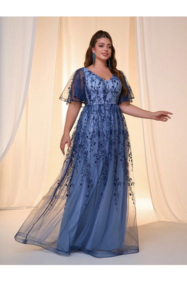 Leely Plus Women's Elegant V Neck Flounce Sleeve Party Dresses