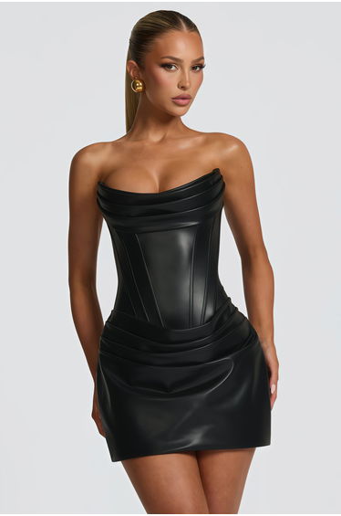Agnes Black Ruched Leather Bodycon Mini Dress