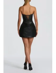 Agnes Black Ruched Leather Bodycon Mini Dress - 3