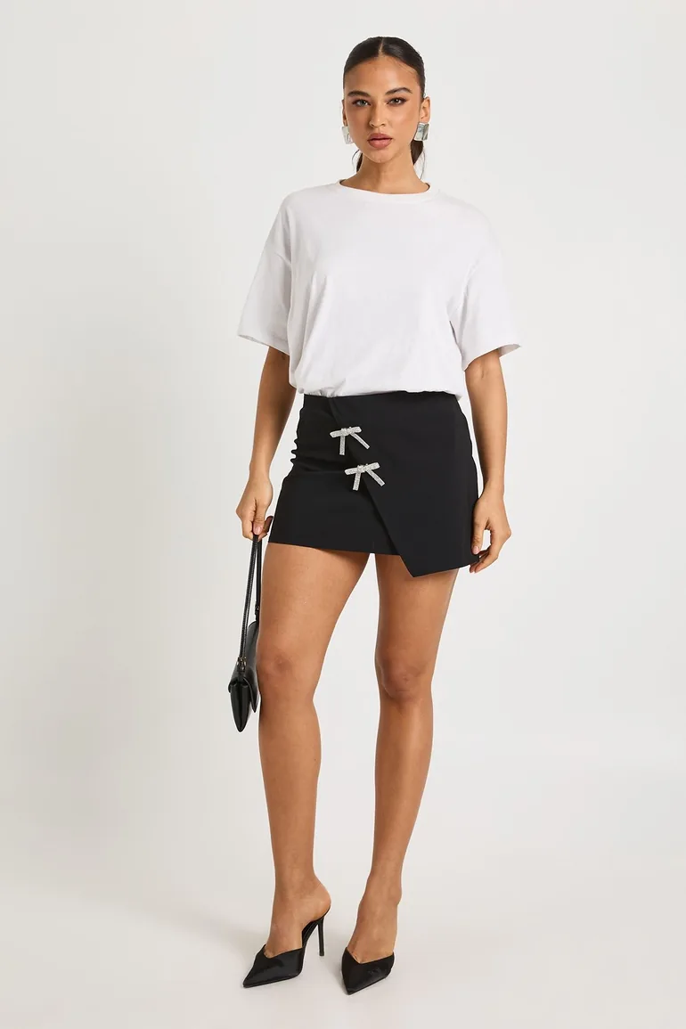 Bengaline Mini Skirt With Diamante Bow Detail - black - 2