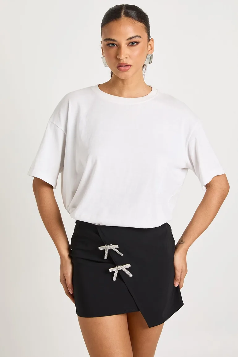 Bengaline Mini Skirt With Diamante Bow Detail - black