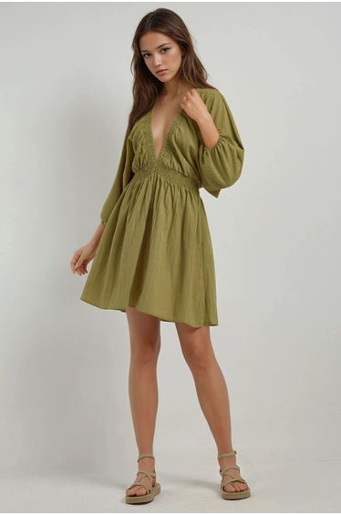 Textured V-Neck Long Sleeve Mini Dress