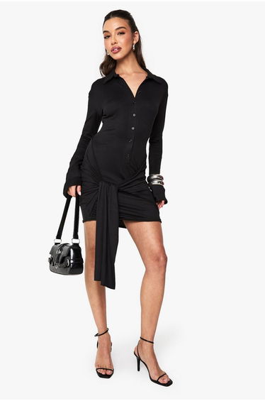 Button down drape mini dress - black