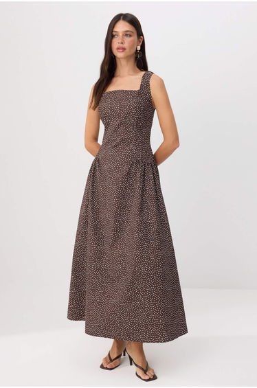 Brown-Multicolor Polka Dot Maxi Woven Dress