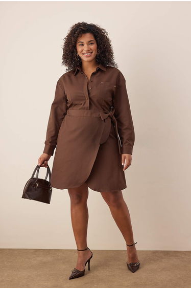 Brown Shirt Collar Tie Detailed Mini Woven Plus Size Dress