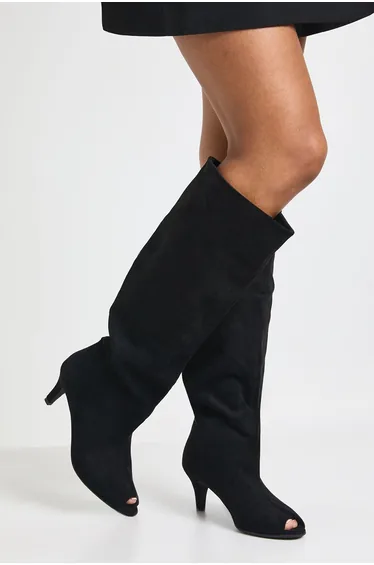 Faux Suede Peep Toe Low Stiletto Knee High Boots - black