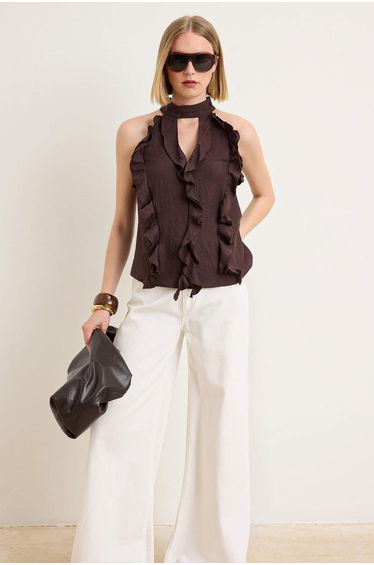 Brown Ruffle Detailed Stylish Woven Blouse