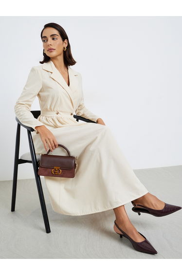 Cream Collared Long Sleeve Midi Blazer Dress