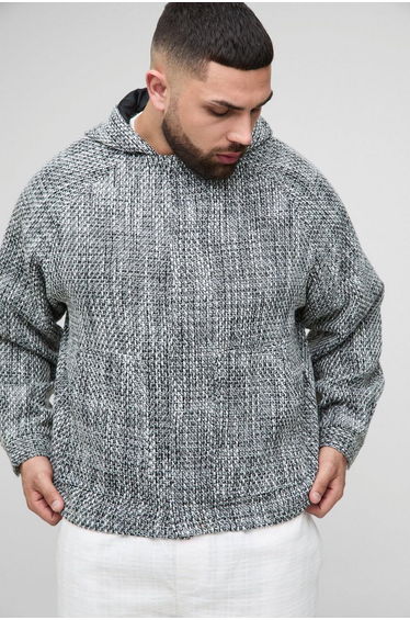 Plus Boucle Zip Up Hooded Oversized Jacket