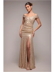 Goddiva Bardot Sequin Pleated Maxi Dress - Gold