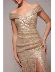 Goddiva Bardot Sequin Pleated Maxi Dress - Gold - 2