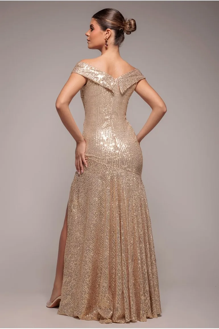 Goddiva Bardot Sequin Pleated Maxi Dress - Gold - 1