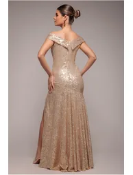 Goddiva Bardot Sequin Pleated Maxi Dress - Gold - 1
