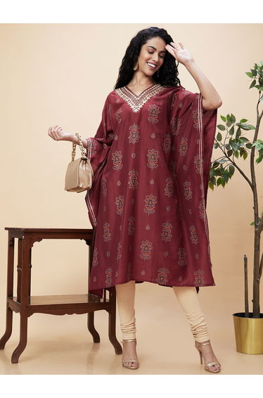 All-Over Print Embroidered V Neck Kaftan Kurta