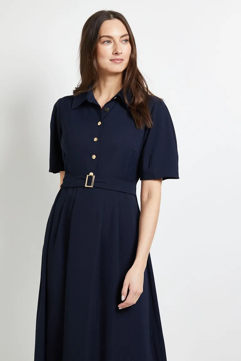 فستان قميص بحزام بأكمام منفوخة - 1