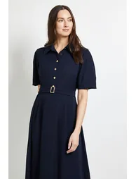 فستان قميص بحزام بأكمام منفوخة - 1