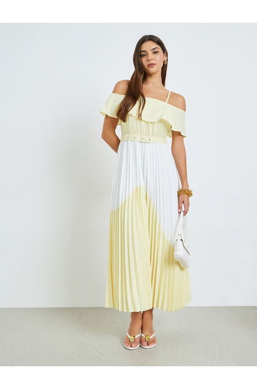 Color Block Strappy Pleated Maxi Dress