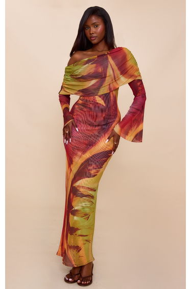 Orange Palm Print Lined Mesh Long Sleeve Maxi Dress