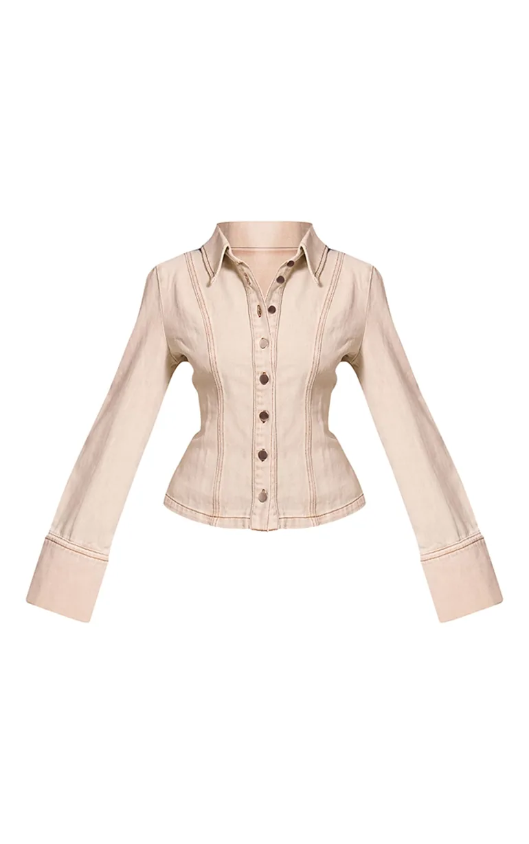 Petite Washed Stone Long Sleeve Fitted Denim Shirt - 4