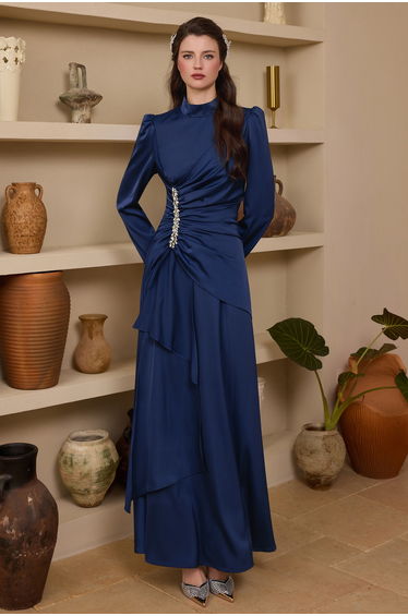 Satin Rhinestone Stand Collar Maxi Dress