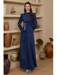 Satin Rhinestone Stand Collar Maxi Dress