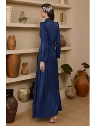 Satin Rhinestone Stand Collar Maxi Dress - 1