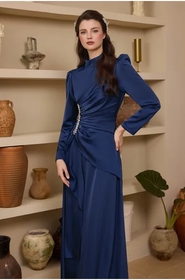 Satin Rhinestone Stand Collar Maxi Dress