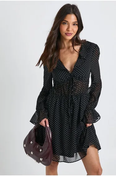 Long Sleeve Ruched Mini Dress With Frill Detail - black