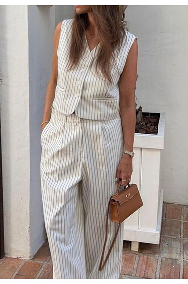 Pinstripe Fake Pocket Buttoned Vest and Pants Set for Office Casual & City Brunch