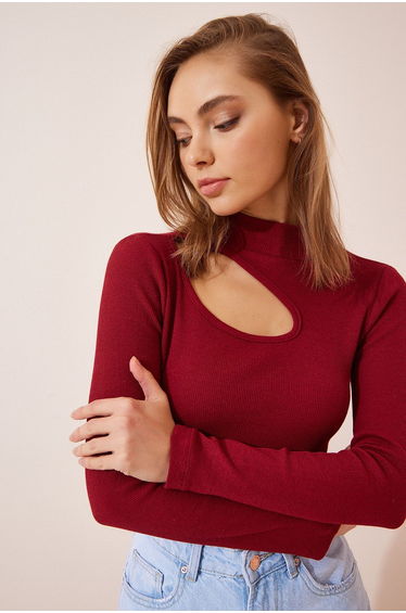 Women's Claret Red Cut Out Detailed Corduroy Knitted Blouse